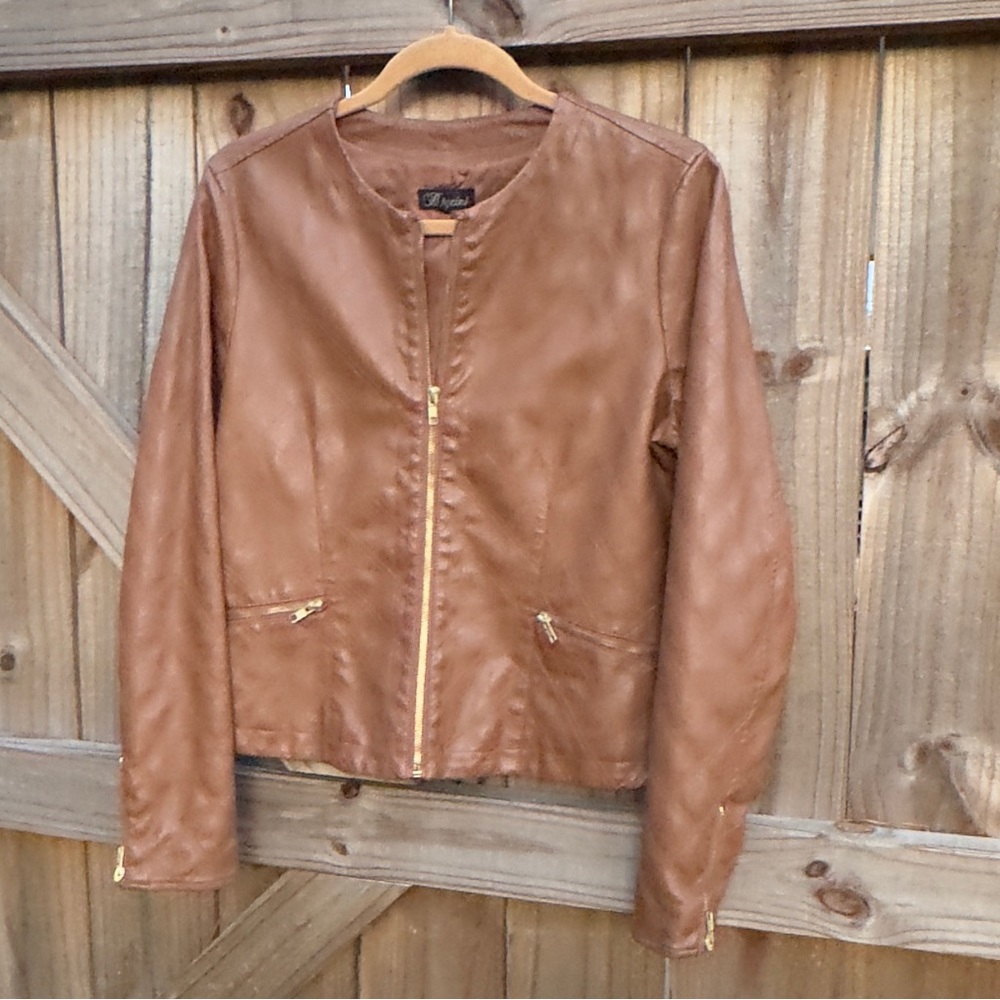 Baccini Faux Leather Cardigan-style Jacket, lined, quilted stitching, gold zips